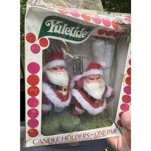 1960’s Yuletide Brand Christmas Velvet Santa Candle Holders Original Box! T28